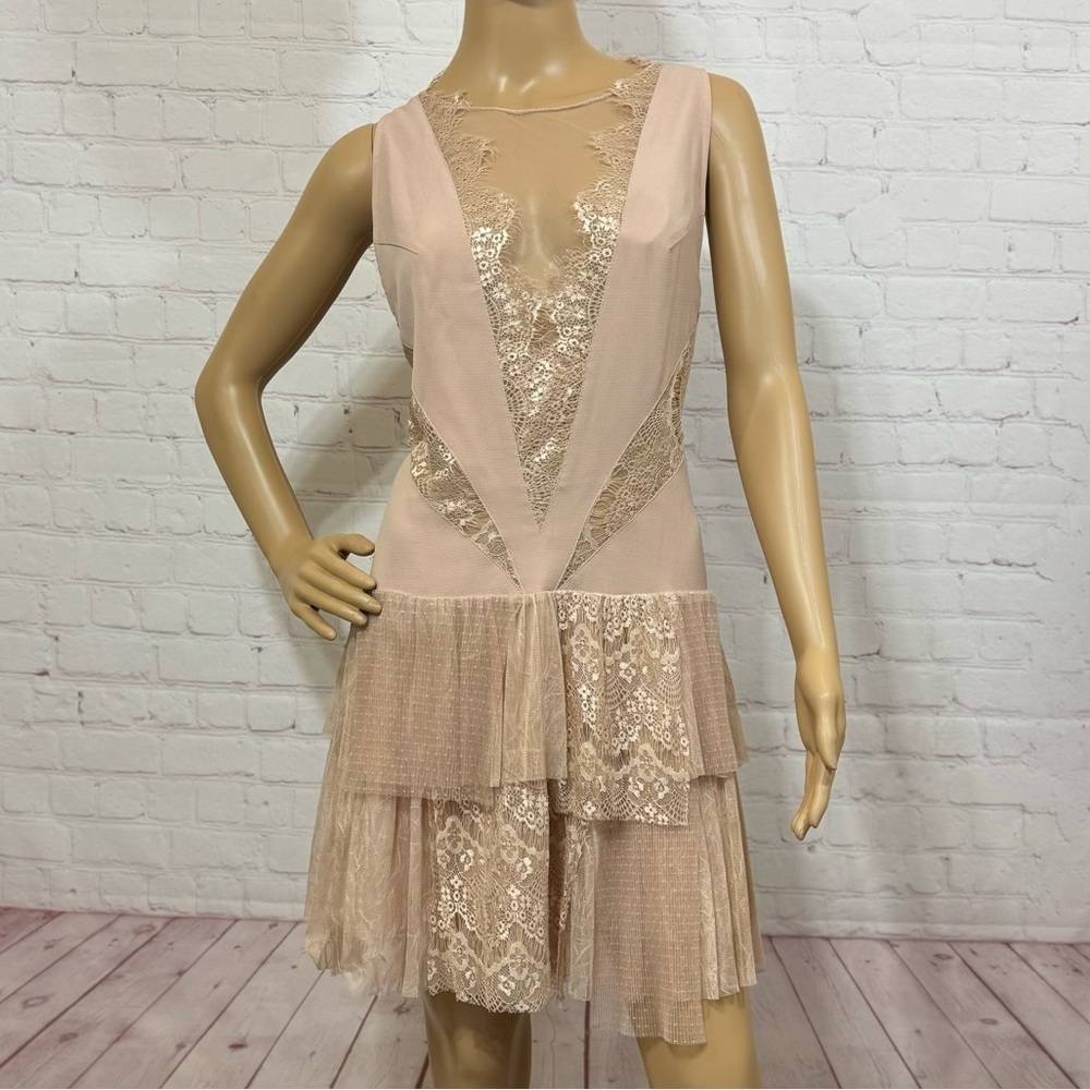 FREE PEOPLE “Dove Dress” Partial sheer Lace Drop waist tiered Skirt Size 10 EUC